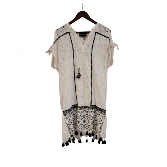 Anthropologie Hermant & Nandita Women's White Boho Embroidered Tassel Mini Dress - Picture 2 of 5